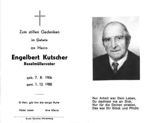 Sterbebildchen Engelbert Kutscher, *07.08.1906 †01.12.1988