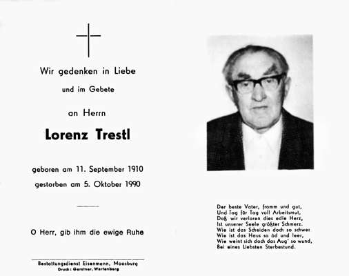 Sterbebildchen Lorenz Trestl, *11.09.1910 †05.10.1990