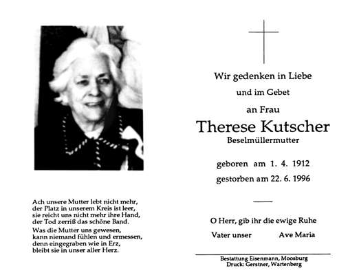 Sterbebildchen Therese Kutscher, *01.04.1912 †22.06.1996