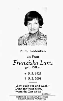 Sterbebildchen Franziska Lanz *05.05.1923 †05.02.2001