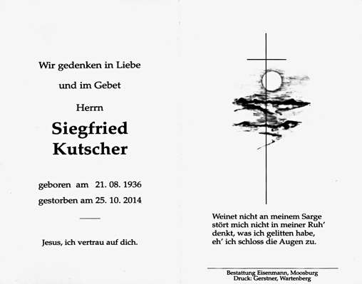 Sterbebildchen Siegfried Kutscher *21.08.1936 †25.10.2014