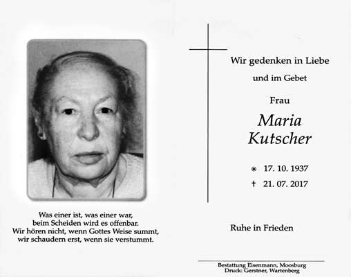 Sterbebildchen Maria Kutscher, *17.10.1937 †21.07.2017