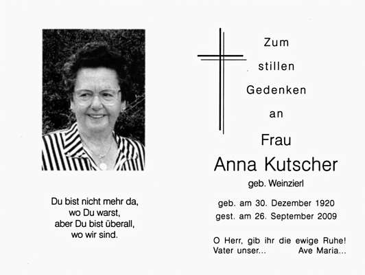 Sterbebildchen Anna Kutscher *30.12.1920 †26.09.2009