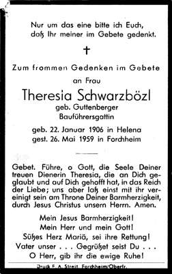 Sterbebildchen Theresia Schwarzbzl *22.01.1906 †26.05.1959