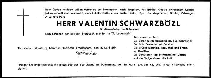 Todesanzeige Valentin Schwarzbzl, *02.11.1900 †15.04.1974