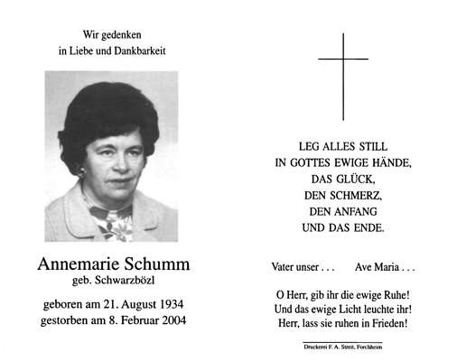 Sterbebildchen Annemarie Schumm *21.08.1934 †08.02.2004