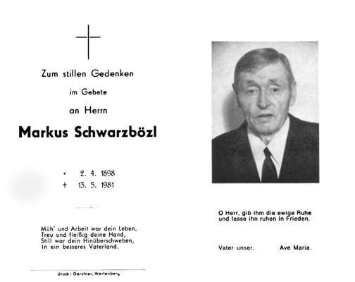 Sterbebildchen Markus Schwarzbzl, *02.04.1898 †13.05.1981