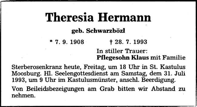 Todesanzeige Theresia Hermann, *07.09.1908 †28.07.1993