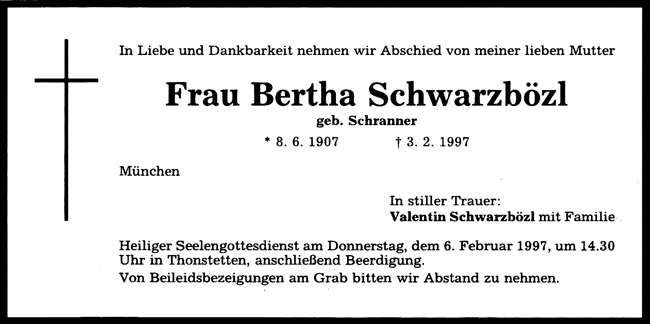 Todesanzeige Bertha Schwarzbzl, *08.06.1907 †03.02.1997
