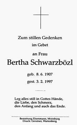 Sterbebildchen Bertha Schwarzbzl, *08.06.1907 †03.02.1997