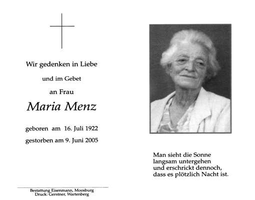 Sterbebildchen Maria Menz *16.07.1922 †09.06.2005