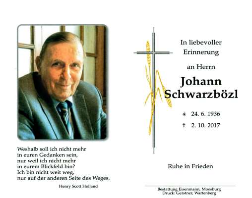 Sterbebildchen Johann Schwarzbzl, *24.06.1936 †02.10.2017