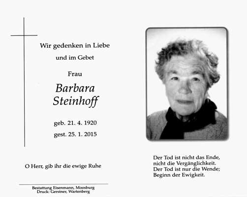 Sterbebildchen Barbara Steinhoff *21.04.1920 †25.01.2015