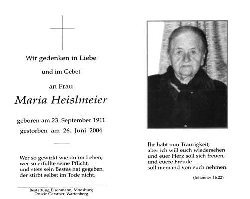 Sterbebildchen Maria Heislmeier *23.09.1911 †26.06.2004