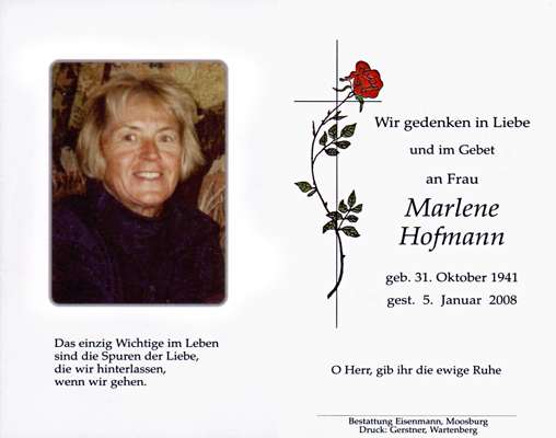Sterbebildchen Marlene Hofmann *31.10.1941 †05.01.2008