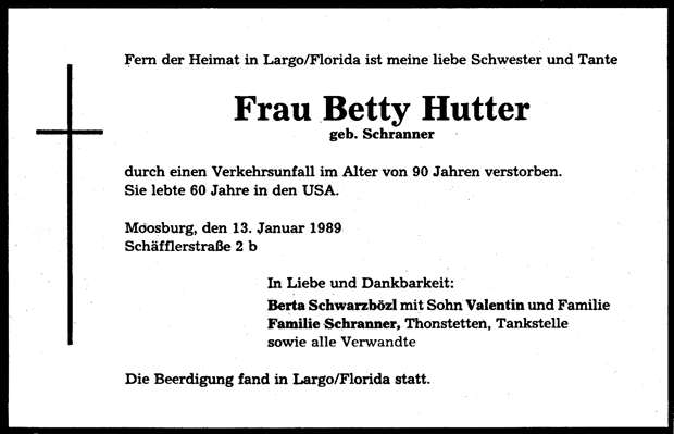 Todesanzeige Betty Hutter, *1900 †Jan. 1989