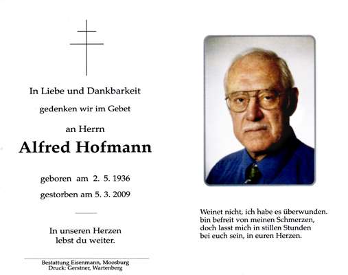 Sterbebildchen Alfred Hofmann *02.05.1936 †05.03.2009