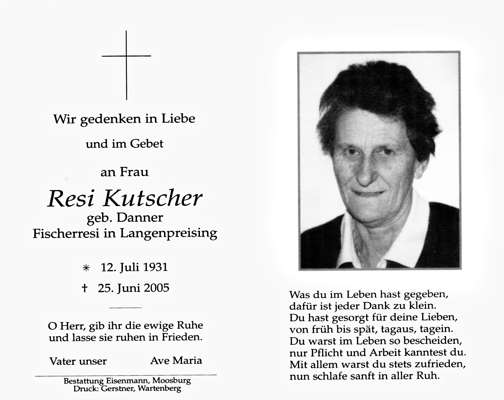 Sterbebildchen Resi Kutscher *12.07.1931 †25.06.2005