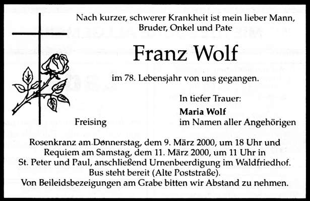Todesanzeige Franz Wolf, *23.08.1922 †20.02.2000