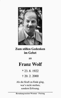 Sterbebildchen Franz Wolf, *23.08.1922 †20.02.2000