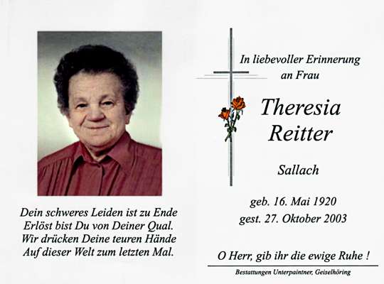 Sterbebildchen Theresia Reitter *16.05.1920 †27.10.2003
