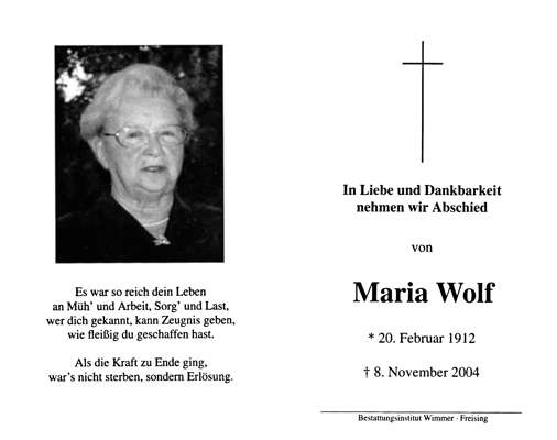 Sterbebildchen Maria Wolf *20.02.1912 †08.11.2004