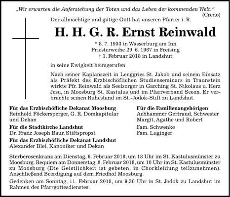 Todesanzeige Geistlicher Rat Ernst Reinwald