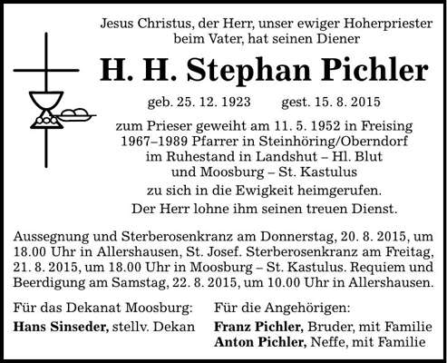 Todesanzeige H.H. Stephan Pichler *25.12.1923 †15.08.2015