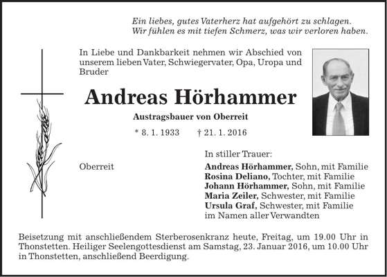 Todesanzeige Andreas Hrhammer *08.01.1933 †21.01.2016