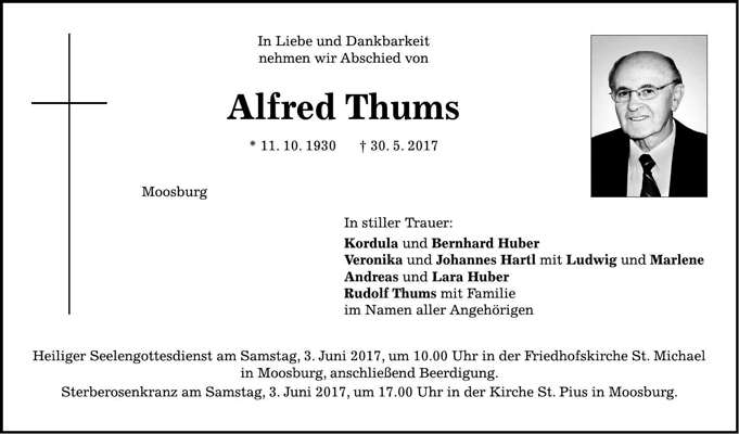 Todesanzeige Alfred Thums, *11.10.1930 †30.05.2017