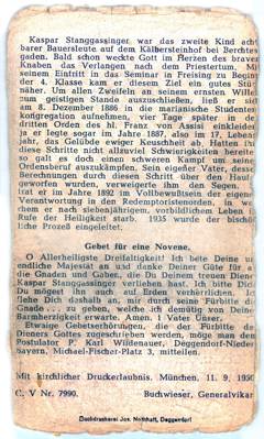 Sterbebildchen P. Kaspar Stanggassinger, *12.01.1871 †26.09.1899