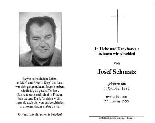 Sterbebildchen Josef Schmatz, *01.10.1939 †27.01.1999