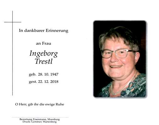 Sterbebildchen Ingeborg Trestl, *28.10.1947 †22.12.2018