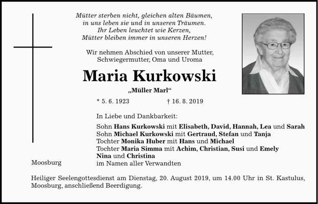 Todesanzeige Maria Kurkowski, *05.06.1923 †16.08.2019