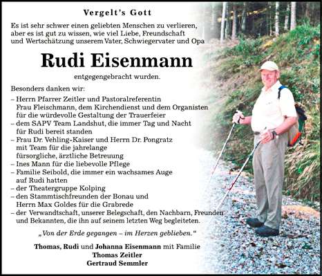 Danksagung Rudi Eisenmann, *28.02.1939 †17.05.2019