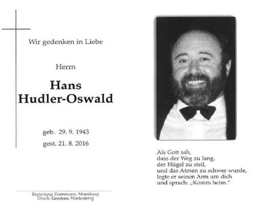 Sterbebildchen Hans Hudler-Oswald, *29.09.1943 †21.08.2016