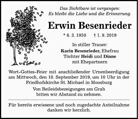 Todesanzeige Erwin Besenrieder, *06.03.1950 †01.09.2019