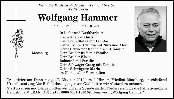 Todesanzeige Wolfgang Hammer, *05.01.1950 †05.10.2019