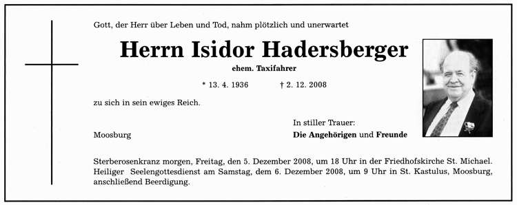 Todesanzeige Isidor Hadersberger, *1936 †2008