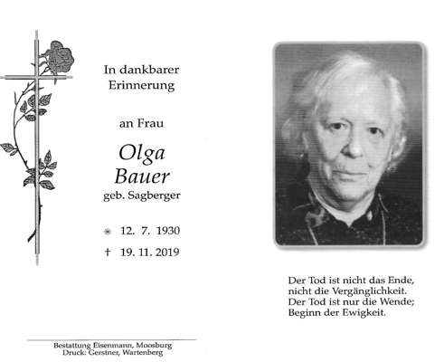 Sterbebildchen Olga Bauer, *12.07.1930 †19.11.2019