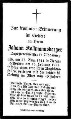 Sterbebildchen Johann Kollmannsberger, *27.08.1914 †15.02.1955