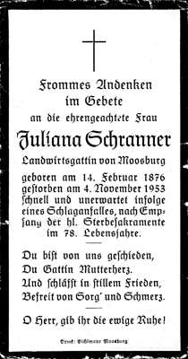 Sterbebildchen Juliana Schranner, *14.02.1876 †04.11.1953