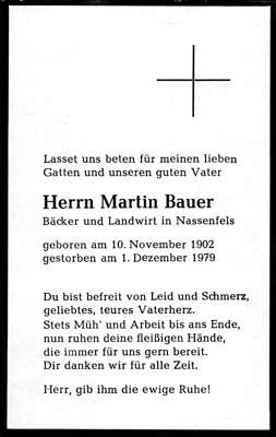 Sterbebildchen Martin Bauer, *10.11.1902 †01.12.1979