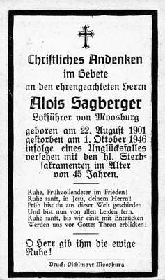 Sterbebildchen Alois Sagberger, *22.08.1901 †01.10.1946