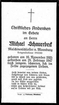 Sterbebildchen Michael Schauerbeck, *16.11.1925 †22.02.1947