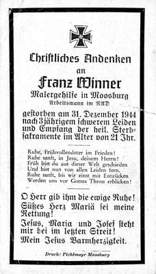 Sterbebildchen Franz Winner, *1923 †31.12.1944