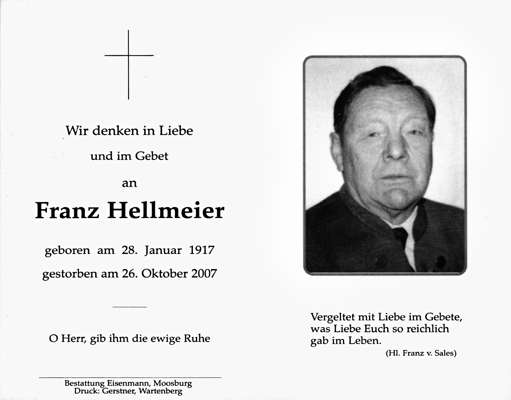 Sterbebildchen Franz Hellmeier, *28.01.1917 †26.10.2007