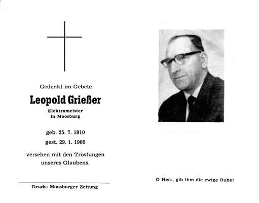 Sterbebildchen Leopold Grieer, *25.07.1910 †29.01.1980