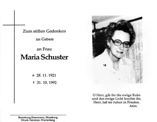 Sterbebildchen Maria Schuster, *28.11.1921 †31.10.1992