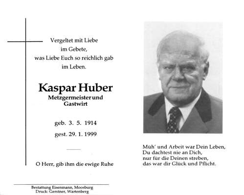 Sterbebildchen Kaspar Huber, *03.05.1914 †29.01.1999